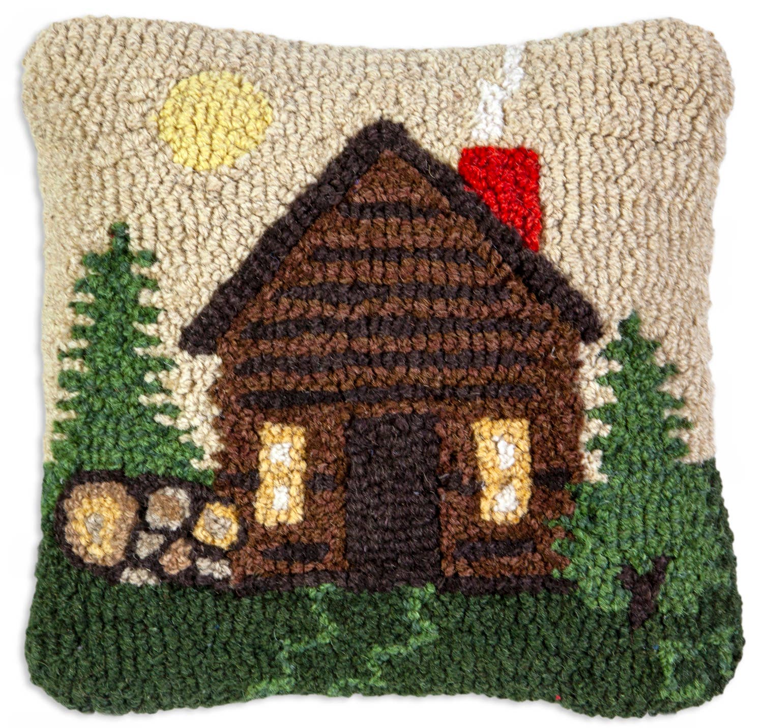 Rocky Hill Cabin 14"x14"  Hooked Wool Pillow