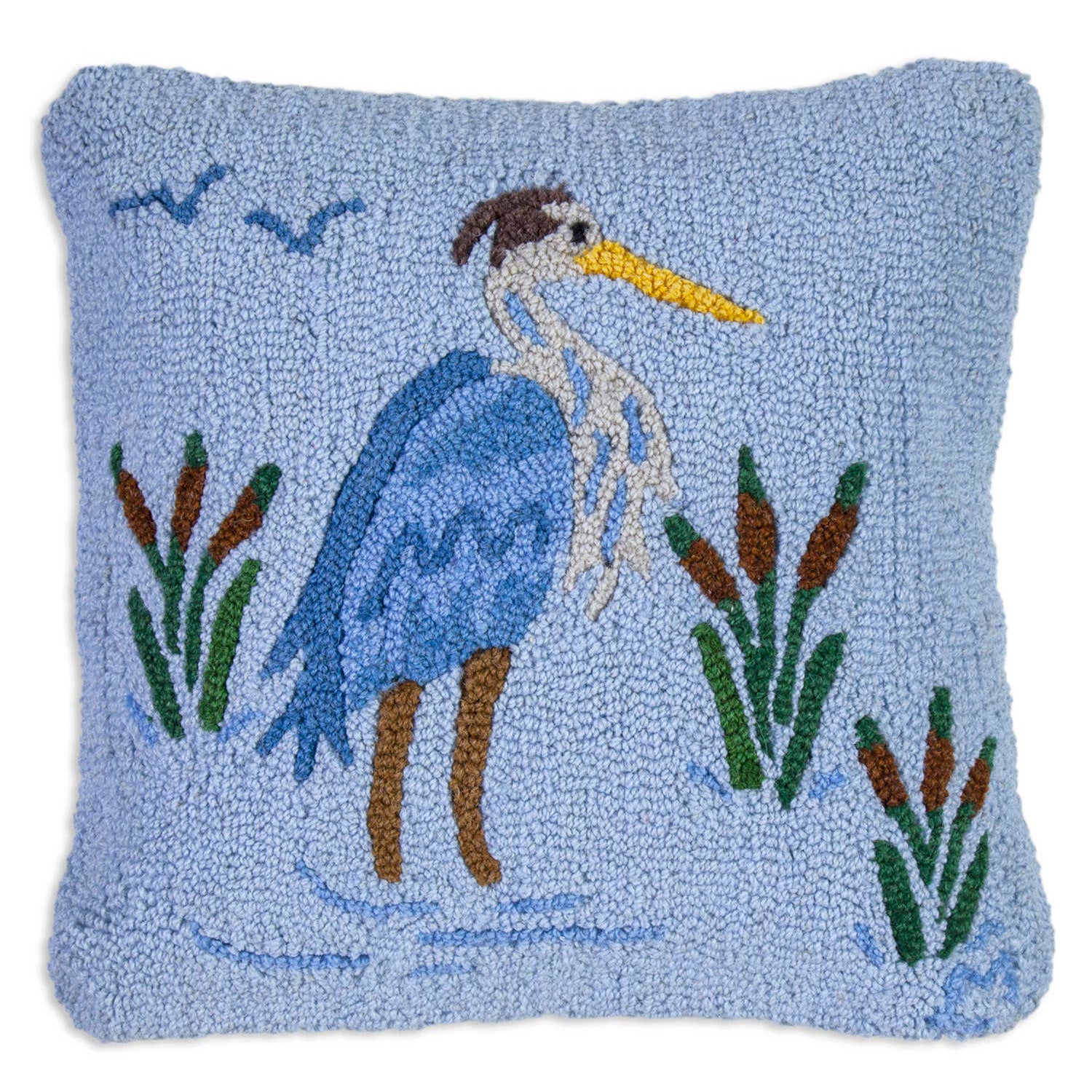 Blue Heron Hooked Wool Pillow