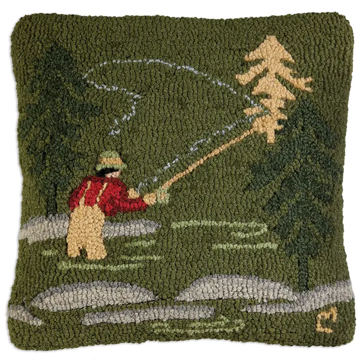 Fly Fisherman Hooked Wool Pillow 18"x18"